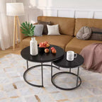 Nesting Coffee Table Set of 2, 27.6inch Round Coffee Table Wood Marble Pattern Top with Sturdy Metal Frame, End Table Side Tables