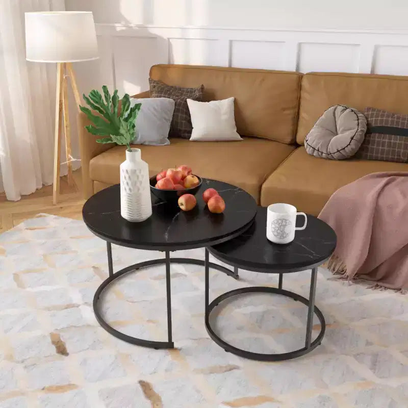 Nesting Coffee Table Set of 2, 27.6inch Round Coffee Table Wood Marble Pattern Top with Sturdy Metal Frame, End Table Side Tables