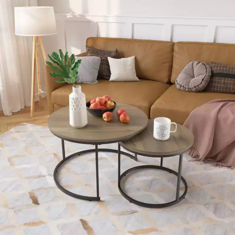 Tables basses gigognes (lot de 2), tables basses rondes de 70 cm avec plateau en motif marbre et cadre métallique robuste, tables d'appoint