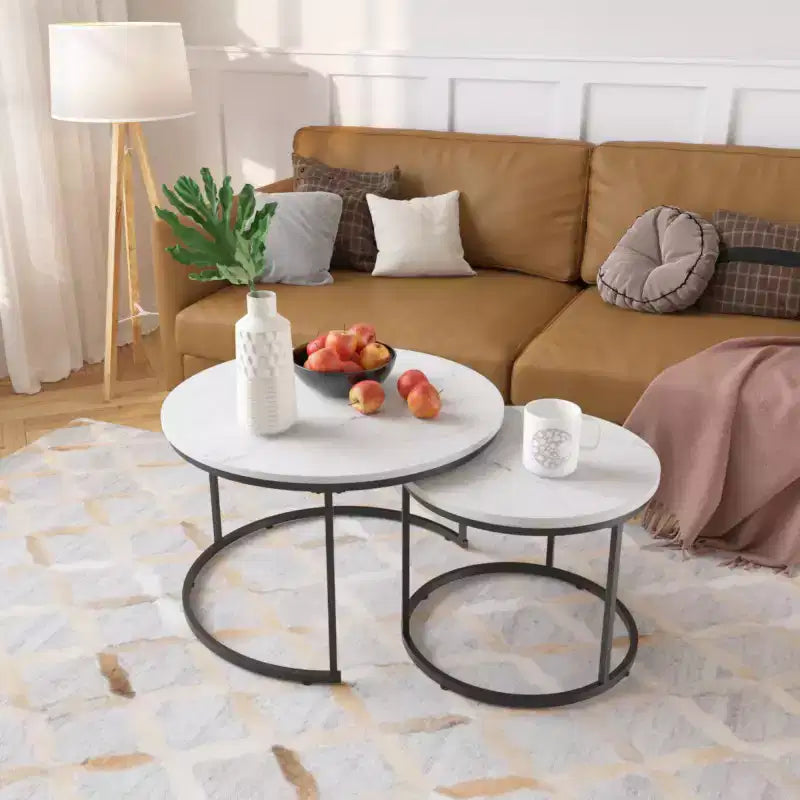 Tables basses gigognes (lot de 2), tables basses rondes de 70 cm avec plateau en motif marbre et cadre métallique robuste, tables d'appoint