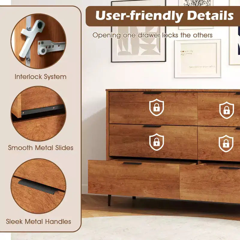 Commode double à 6 tiroirs Costway avec système de verrouillage, pieds de support en métal et kit anti-basculement