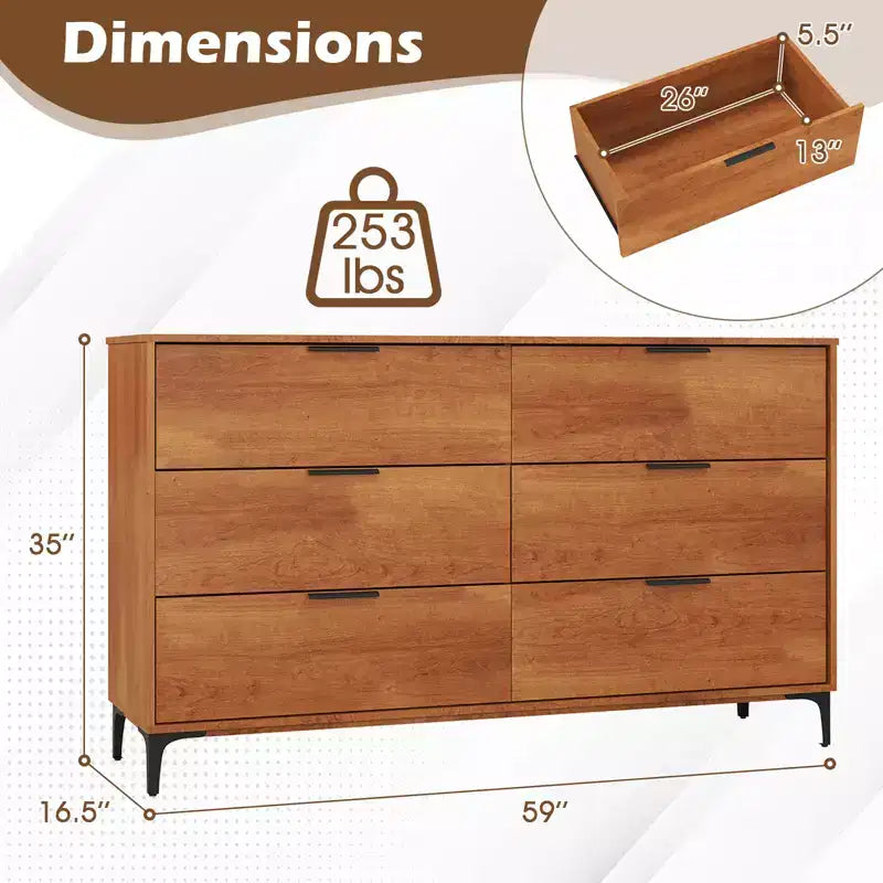Commode double à 6 tiroirs Costway avec système de verrouillage, pieds de support en métal et kit anti-basculement