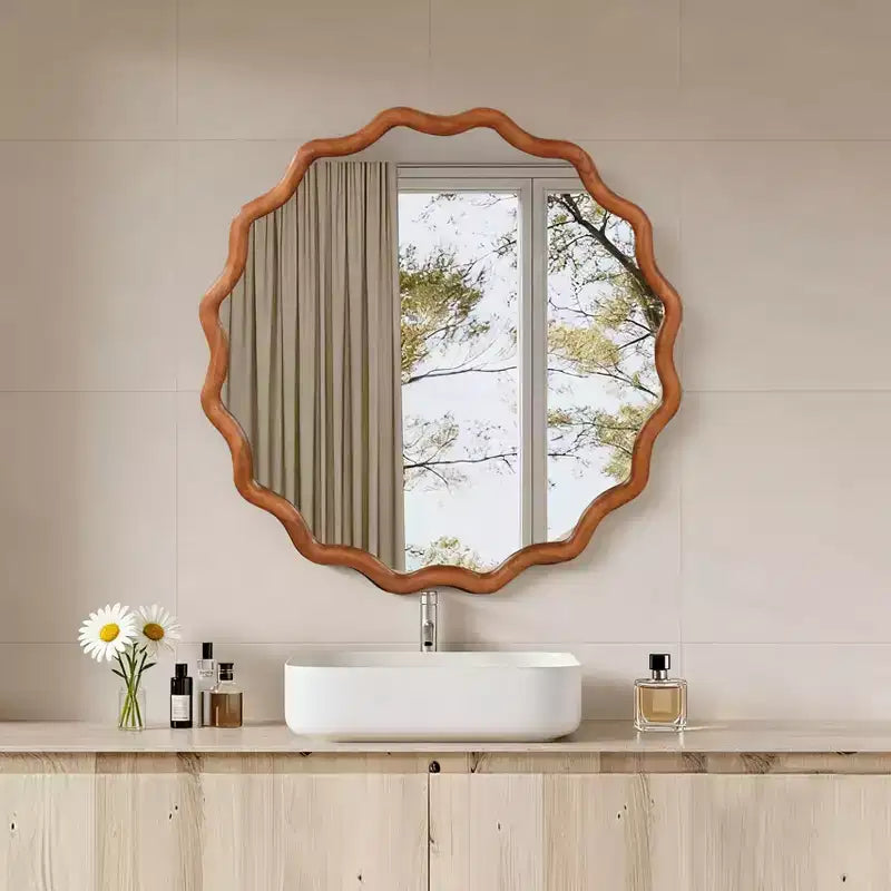 Miroir décoratif rond ondulé Whisen 30, cadre en bois massif, entrée