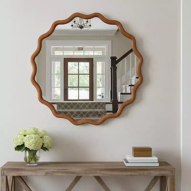 Miroir décoratif rond ondulé Whisen 30, cadre en bois massif, entrée