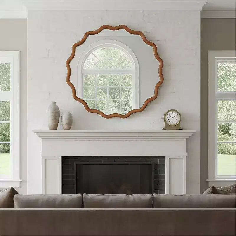 Miroir décoratif rond ondulé Whisen 30, cadre en bois massif, entrée