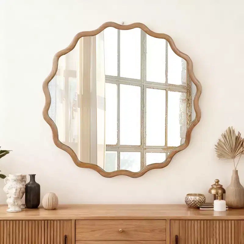 Miroir décoratif rond ondulé Whisen 30, cadre en bois massif, entrée