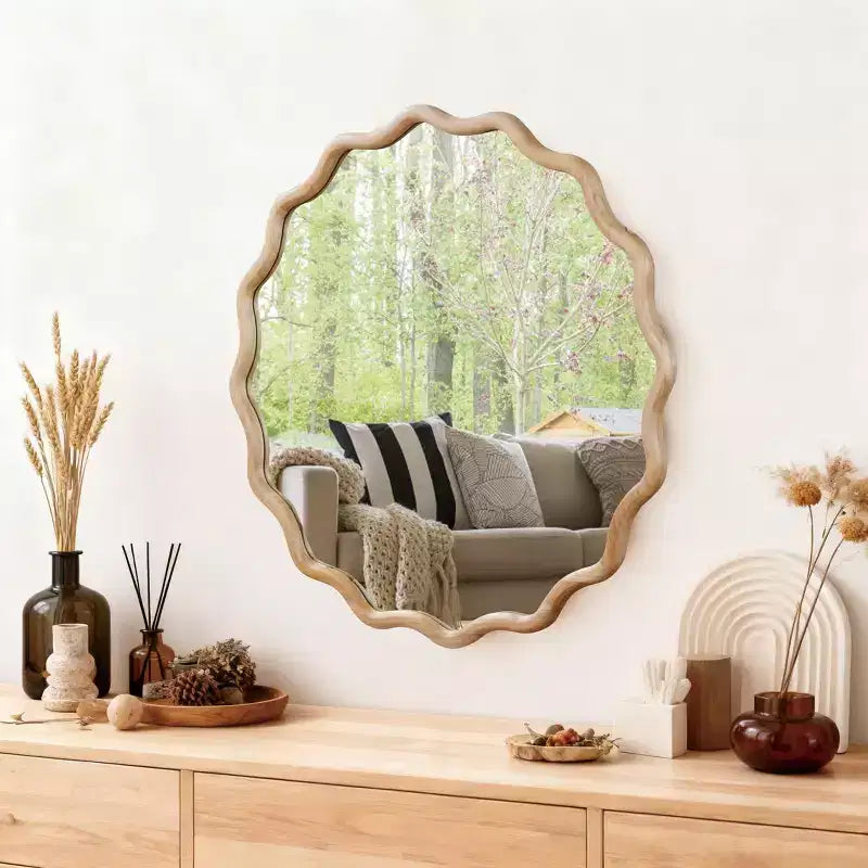 Miroir décoratif rond ondulé Whisen 30, cadre en bois massif, entrée