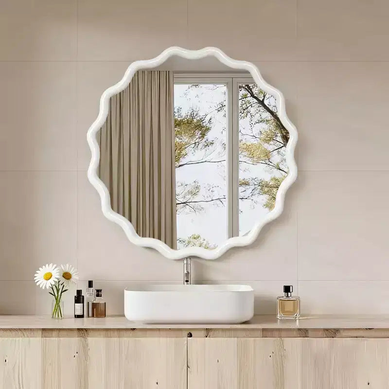 Miroir décoratif rond ondulé Whisen 30, cadre en bois massif, entrée