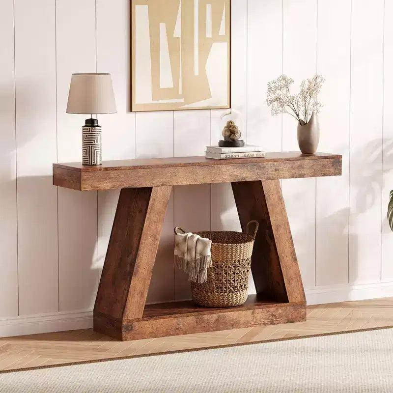 Console de ferme, table de canapé trapézoïdale en bois à 2 niveaux avec étagère de rangement ouverte, meuble d'entrée industriel pour entrée, couloir, salon
