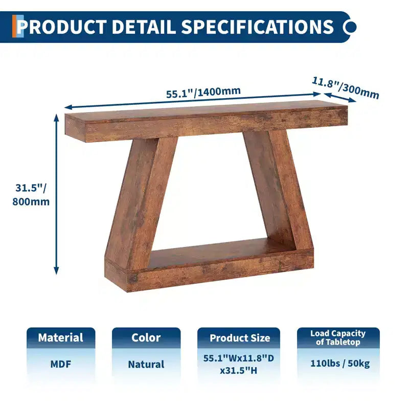 Console de ferme, table de canapé trapézoïdale en bois à 2 niveaux avec étagère de rangement ouverte, meuble d'entrée industriel pour entrée, couloir, salon