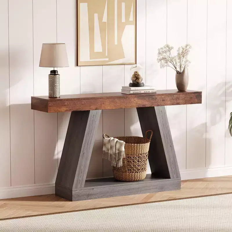 Console de ferme, table de canapé trapézoïdale en bois à 2 niveaux avec étagère de rangement ouverte, meuble d'entrée industriel pour entrée, couloir, salon