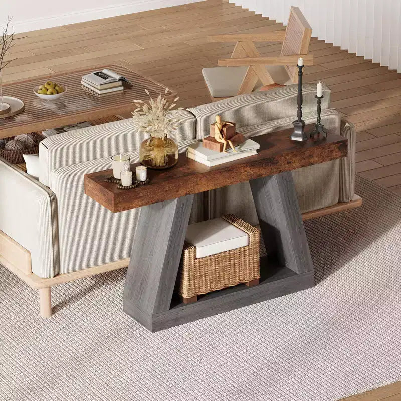 Console de ferme, table de canapé trapézoïdale en bois à 2 niveaux avec étagère de rangement ouverte, meuble d'entrée industriel pour entrée, couloir, salon