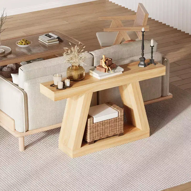 Console de ferme, table de canapé trapézoïdale en bois à 2 niveaux avec étagère de rangement ouverte, meuble d'entrée industriel pour entrée, couloir, salon