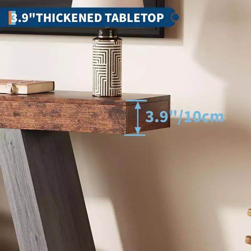 Console de ferme, table de canapé trapézoïdale en bois à 2 niveaux avec étagère de rangement ouverte, meuble d'entrée industriel pour entrée, couloir, salon