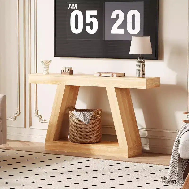 Console de ferme, table de canapé trapézoïdale en bois à 2 niveaux avec étagère de rangement ouverte, meuble d'entrée industriel pour entrée, couloir, salon