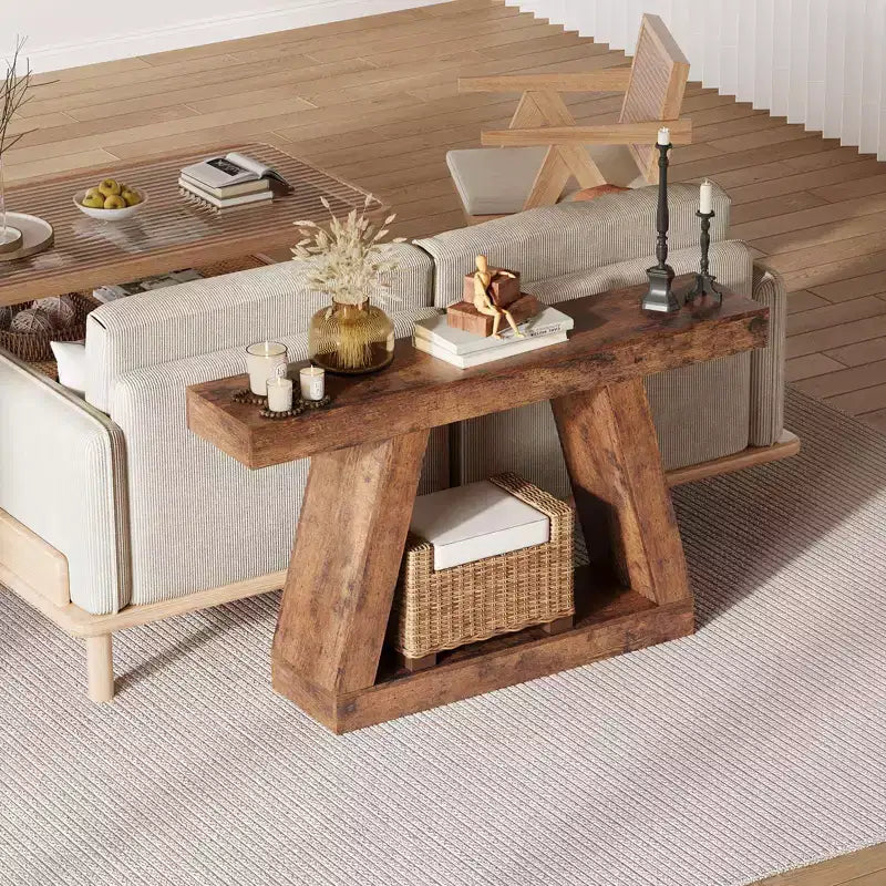 Console de ferme, table de canapé trapézoïdale en bois à 2 niveaux avec étagère de rangement ouverte, meuble d'entrée industriel pour entrée, couloir, salon