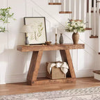Console de ferme, table de canapé trapézoïdale en bois à 2 niveaux avec étagère de rangement ouverte, meuble d'entrée industriel pour entrée, couloir, salon