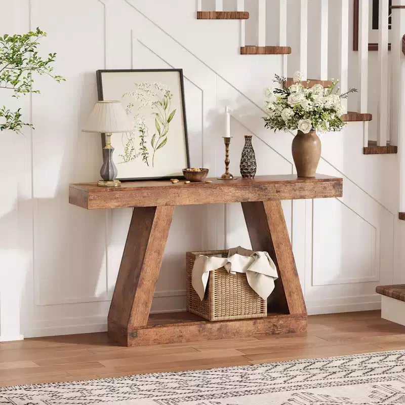 Console de ferme, table de canapé trapézoïdale en bois à 2 niveaux avec étagère de rangement ouverte, meuble d'entrée industriel pour entrée, couloir, salon