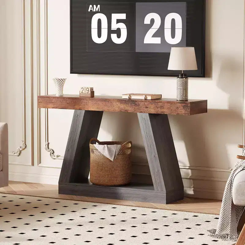 Console de ferme, table de canapé trapézoïdale en bois à 2 niveaux avec étagère de rangement ouverte, meuble d'entrée industriel pour entrée, couloir, salon