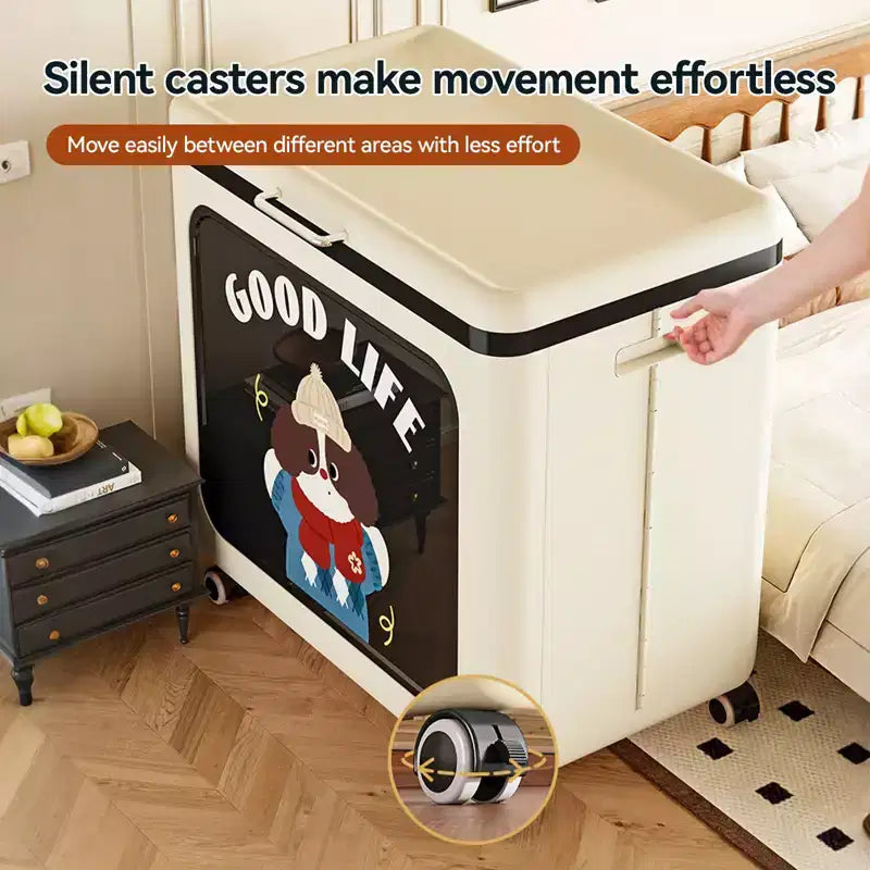 Bac de rangement ouvert roulant AEELLEEA - Crème noir, motif rotin tissé simulé, empilable et poignée confortable (62 cm L x 39 cm l x 61,5 cm H)
