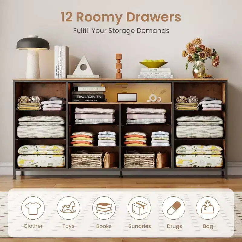 Meuble TV de 160 cm avec 12 tiroirs, prises de courant, LED et étagères ouvertes, meuble TV pour téléviseur de 75 pouces, commode pour chambre à coucher, salon