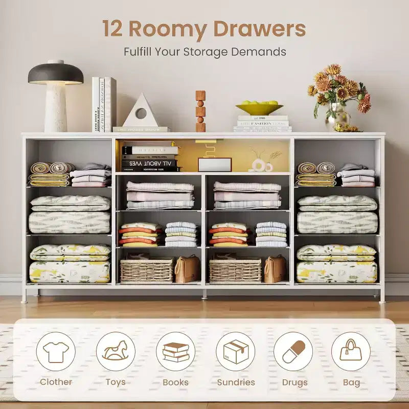 Meuble TV de 160 cm avec 12 tiroirs, prises de courant, LED et étagères ouvertes, meuble TV pour téléviseur de 75 pouces, commode pour chambre à coucher, salon