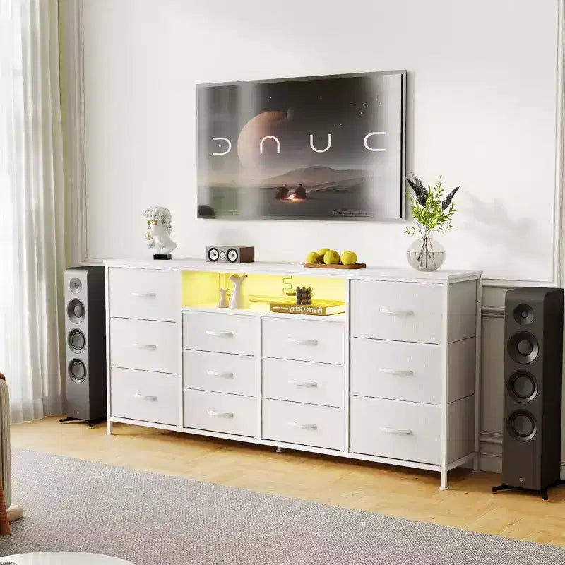 Meuble TV de 160 cm avec 12 tiroirs, prises de courant, LED et étagères ouvertes, meuble TV pour téléviseur de 75 pouces, commode pour chambre à coucher, salon