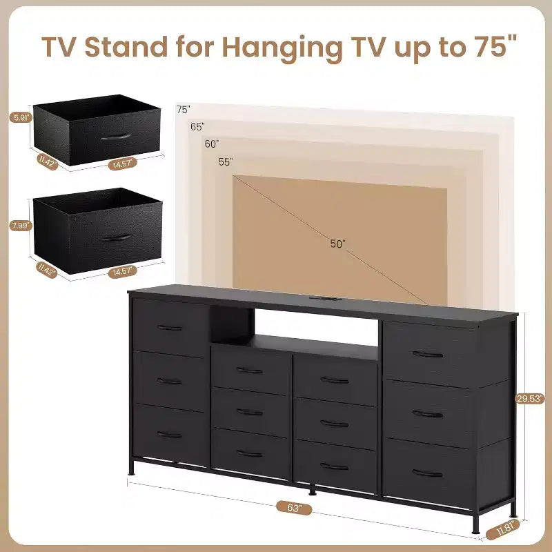Meuble TV de 160 cm avec 12 tiroirs, prises de courant, LED et étagères ouvertes, meuble TV pour téléviseur de 75 pouces, commode pour chambre à coucher, salon
