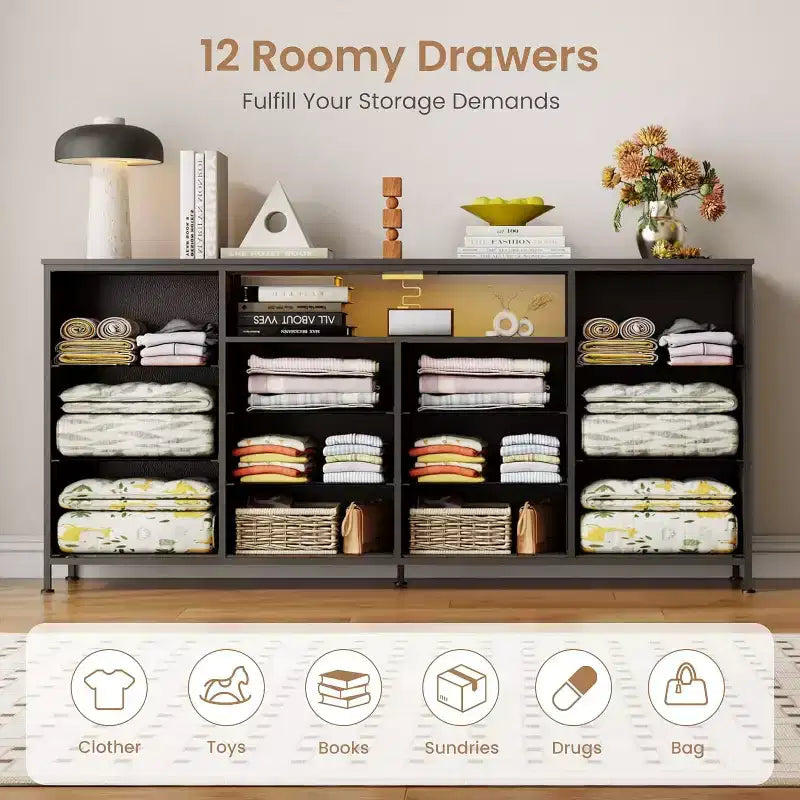 Meuble TV de 160 cm avec 12 tiroirs, prises de courant, LED et étagères ouvertes, meuble TV pour téléviseur de 75 pouces, commode pour chambre à coucher, salon