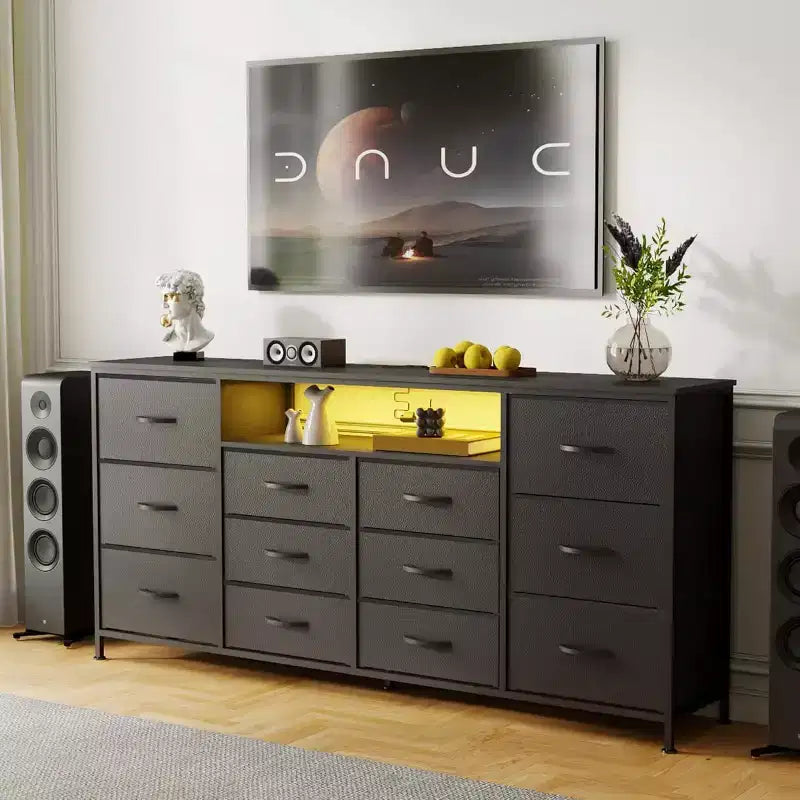 Meuble TV de 160 cm avec 12 tiroirs, prises de courant, LED et étagères ouvertes, meuble TV pour téléviseur de 75 pouces, commode pour chambre à coucher, salon