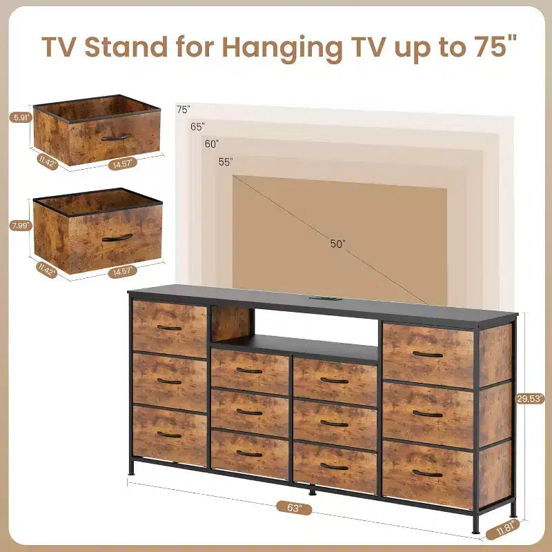 Meuble TV de 160 cm avec 12 tiroirs, prises de courant, LED et étagères ouvertes, meuble TV pour téléviseur de 75 pouces, commode pour chambre à coucher, salon