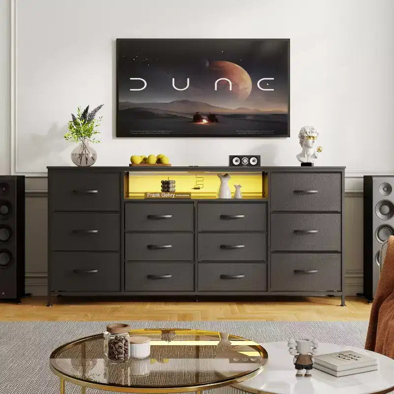 63in TV Stand with 12 Drawers, Power Outlets, LED & Open Shelves, Entertainment Center for 75in TV, Dresser Chest for Bedroom, Living Room
