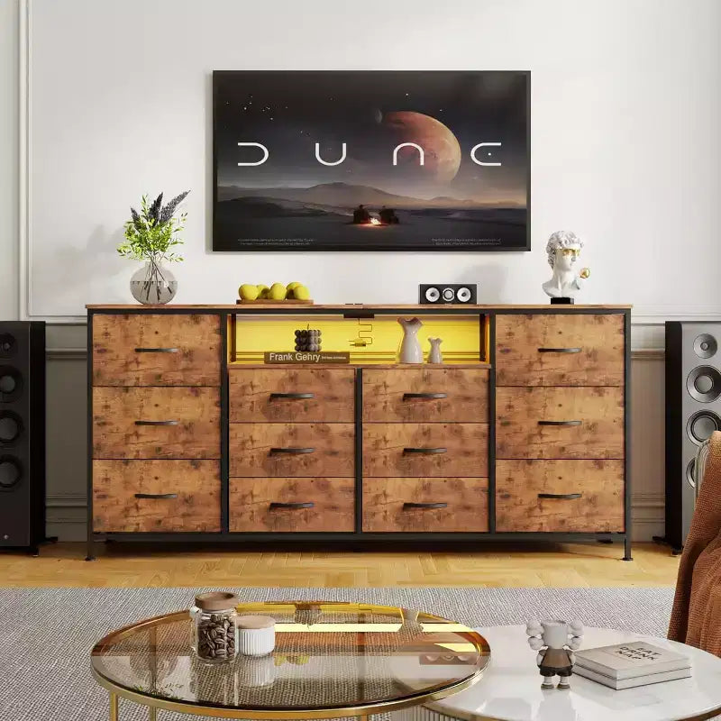 Meuble TV de 160 cm avec 12 tiroirs, prises de courant, LED et étagères ouvertes, meuble TV pour téléviseur de 75 pouces, commode pour chambre à coucher, salon