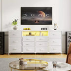 Meuble TV de 160 cm avec 12 tiroirs, prises de courant, LED et étagères ouvertes, meuble TV pour téléviseur de 75 pouces, commode pour chambre à coucher, salon