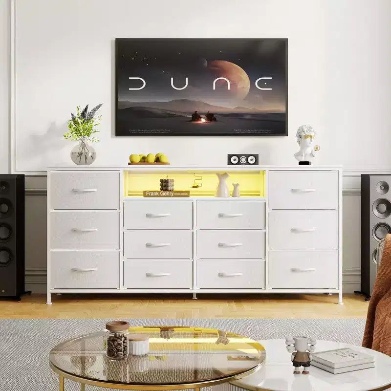 Meuble TV de 160 cm avec 12 tiroirs, prises de courant, LED et étagères ouvertes, meuble TV pour téléviseur de 75 pouces, commode pour chambre à coucher, salon