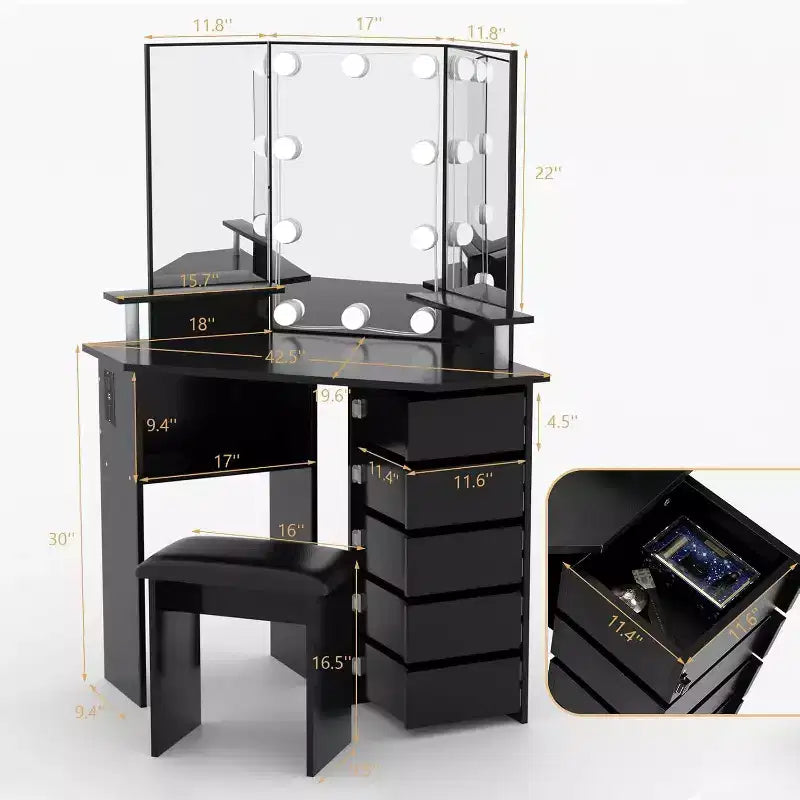Coiffeuse de Maquillage - Ensemble Coiffeuse avec Lumières et Prise de Courant 5 Tiroirs Rotatifs 3 Éclairages Réglables, pour Chambre à Coucher