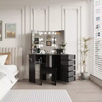 Coiffeuse de Maquillage - Ensemble Coiffeuse avec Lumières et Prise de Courant 5 Tiroirs Rotatifs 3 Éclairages Réglables, pour Chambre à Coucher