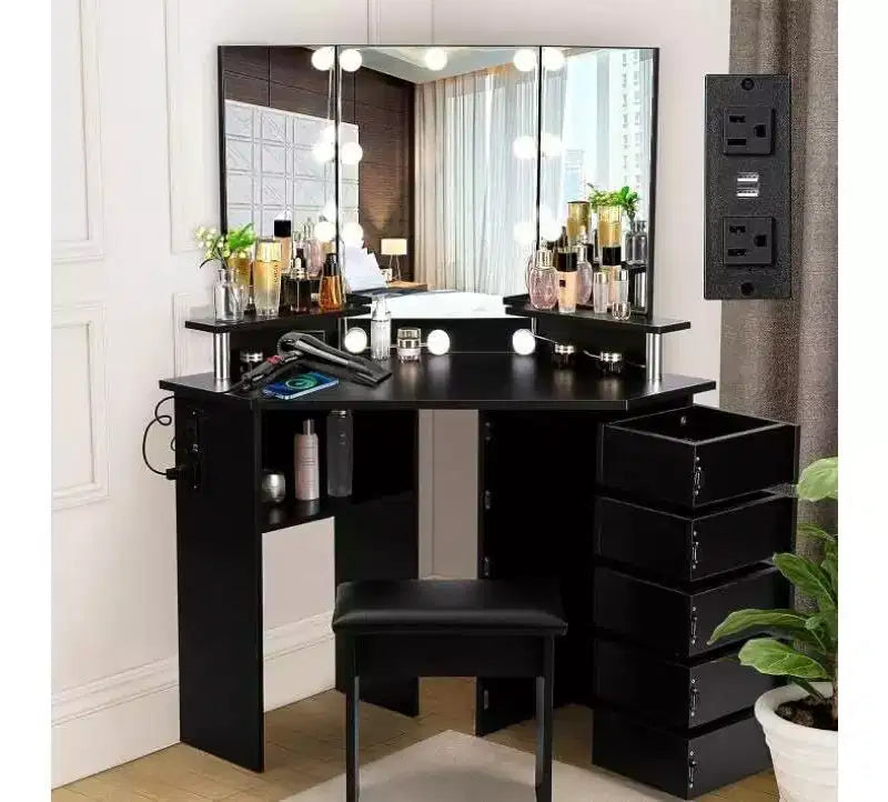 Coiffeuse de Maquillage - Ensemble Coiffeuse avec Lumières et Prise de Courant 5 Tiroirs Rotatifs 3 Éclairages Réglables, pour Chambre à Coucher