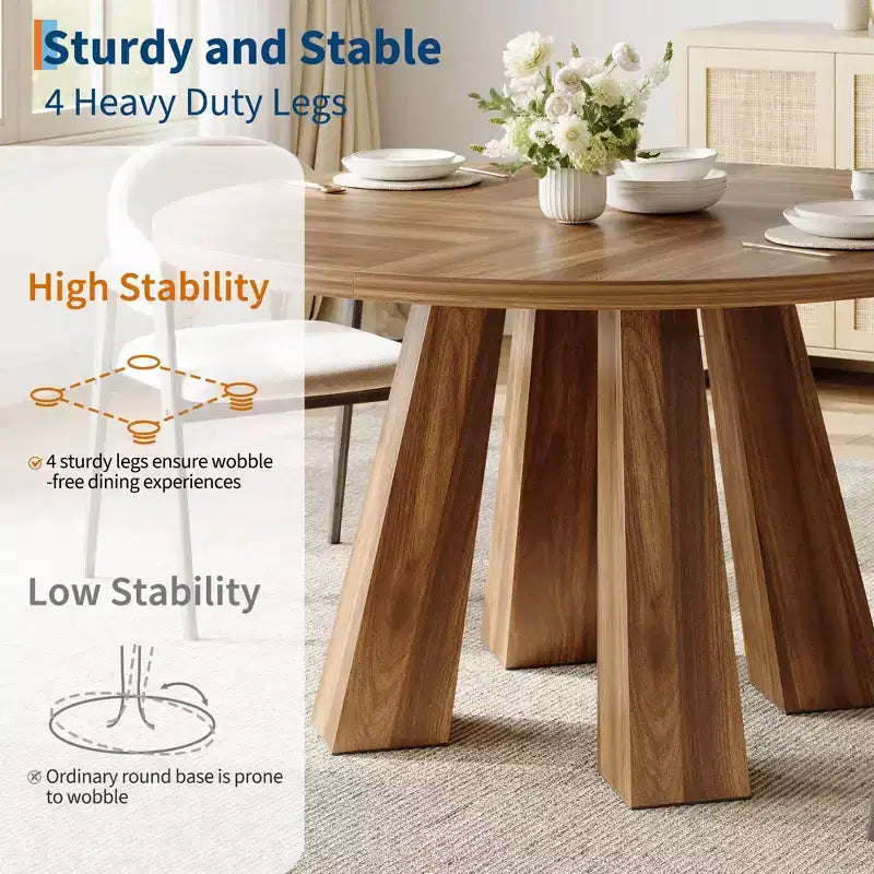 Table à manger ronde pour 4-6 personnes, table de cuisine en bois de 120 cm avec piédestal robuste pour salon, appartement