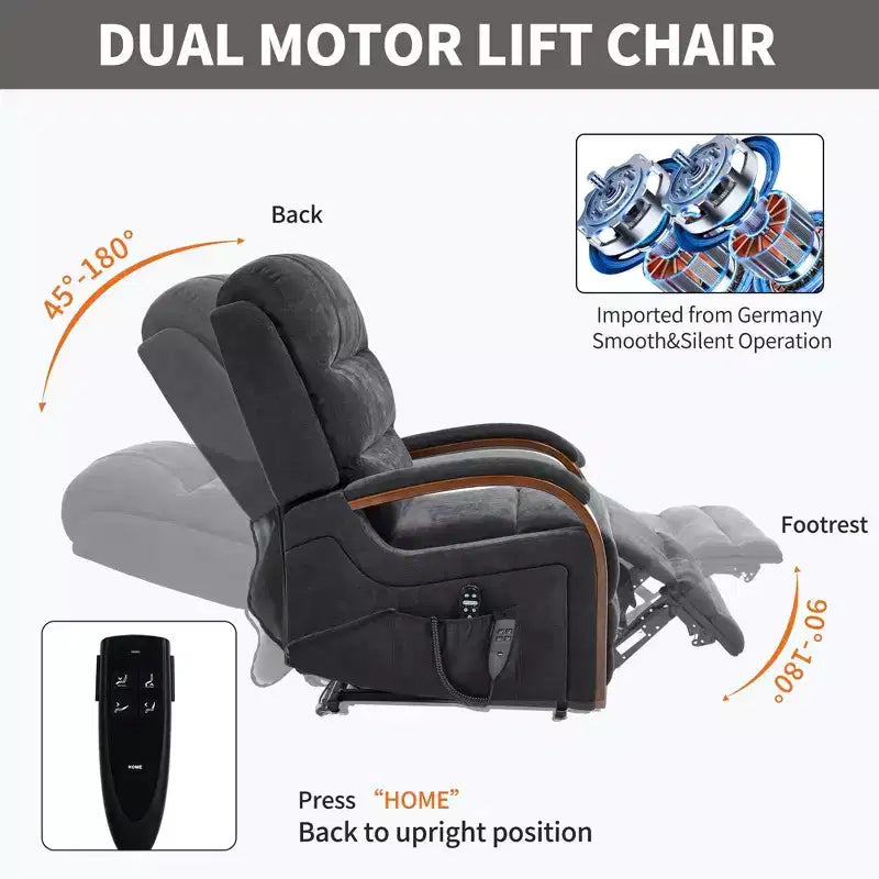 Fauteuil inclinable releveur en chenille grise avec accoudoirs en bois massif et massage chauffant pour salon/appartement
