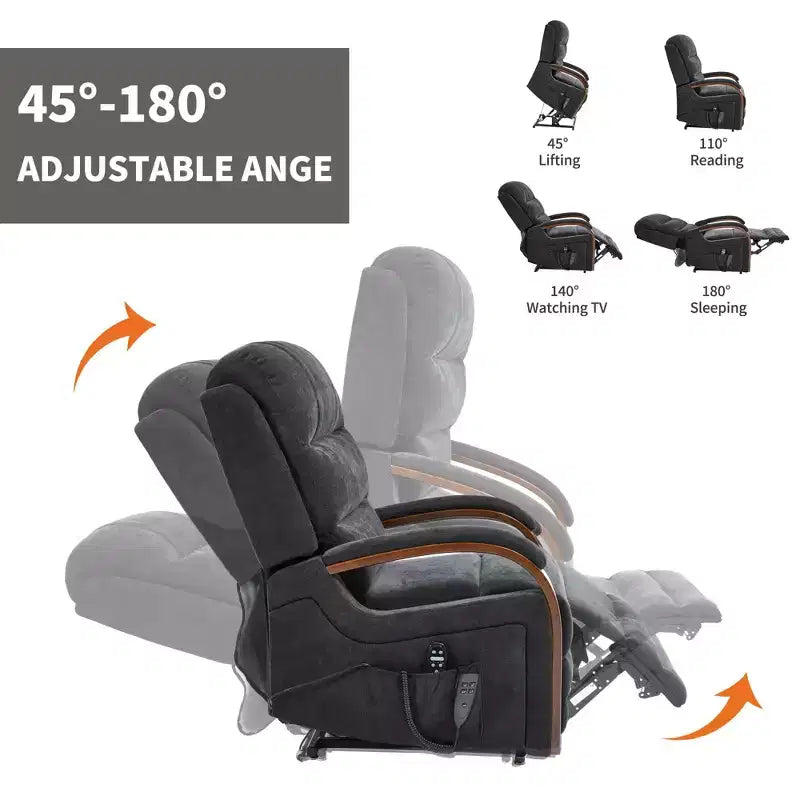 Fauteuil inclinable releveur en chenille grise avec accoudoirs en bois massif et massage chauffant pour salon/appartement