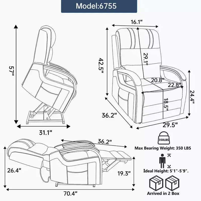 Fauteuil inclinable releveur en chenille grise avec accoudoirs en bois massif et massage chauffant pour salon/appartement