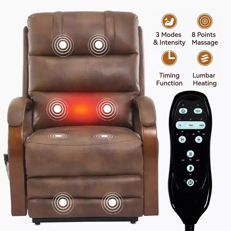 Fauteuil inclinable releveur en chenille grise avec accoudoirs en bois massif et massage chauffant pour salon/appartement