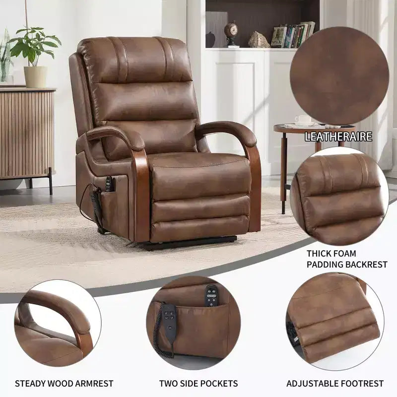 Fauteuil inclinable releveur en chenille grise avec accoudoirs en bois massif et massage chauffant pour salon/appartement