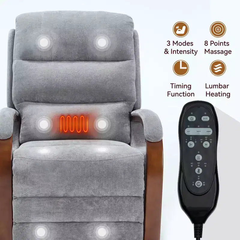 Fauteuil inclinable releveur en chenille grise avec accoudoirs en bois massif et massage chauffant pour salon/appartement