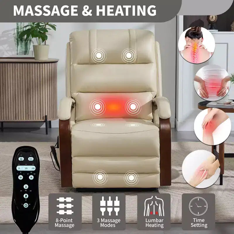 Fauteuil inclinable releveur en chenille grise avec accoudoirs en bois massif et massage chauffant pour salon/appartement