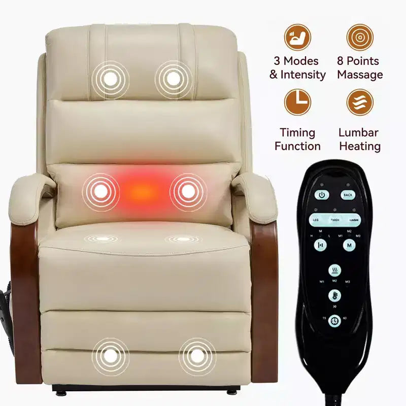Fauteuil inclinable releveur en chenille grise avec accoudoirs en bois massif et massage chauffant pour salon/appartement