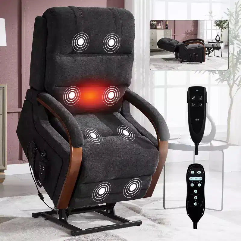 Fauteuil inclinable releveur en chenille grise avec accoudoirs en bois massif et massage chauffant pour salon/appartement