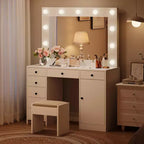 Coiffeuse blanche avec miroir, coiffeuse de maquillage avec 7 tiroirs, armoire et éclairage LED 3 couleurs, coiffeuse moderne en bois pour chambre à coucher