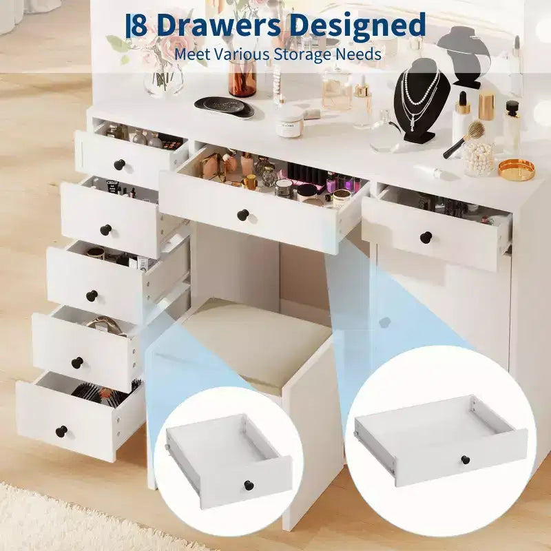 Coiffeuse blanche avec miroir, coiffeuse de maquillage avec 7 tiroirs, armoire et éclairage LED 3 couleurs, coiffeuse moderne en bois pour chambre à coucher